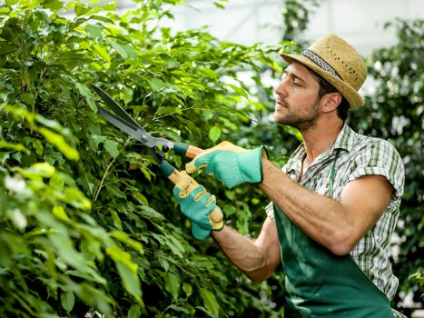 Worker putting on safety gloves and helmet